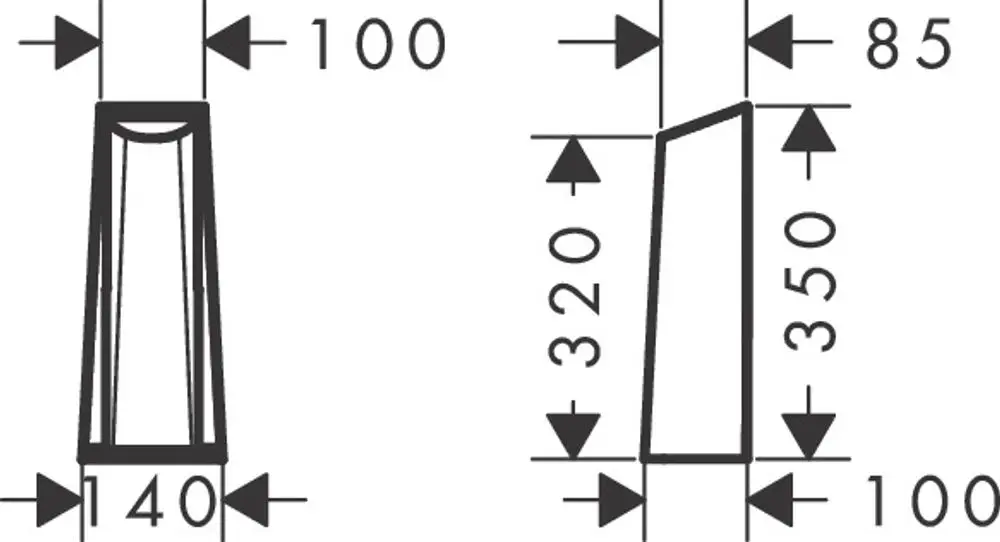 Technische Zeichnung einer Abdeckung für einen Wasseranschluss von AXOR. Geometrische Form mit spezifischen Maßen, seitliche und frontale Ansichten dargestellt.